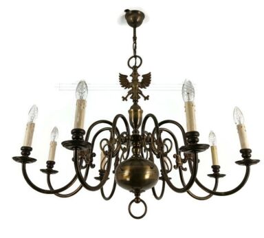 Flemish Dutch Chandelier Brass Fish Eagles 8 lights Vintage Modernist Barn farmhouse style