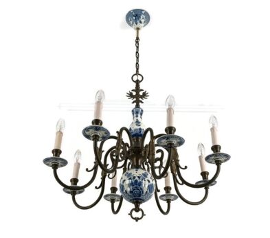 Delft Blue White Porcelain Brass Chandelier Lights Vintage  Dutch 6 Arms Barn style 