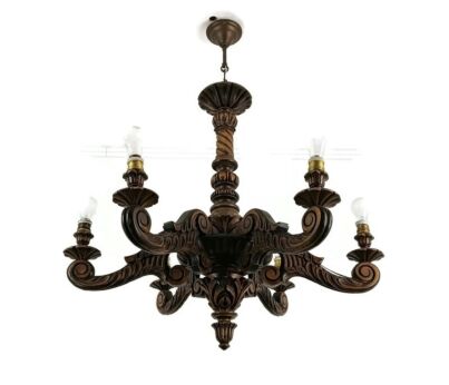 Gorgeous Ornate Carved Wood Wooden Chandelier vintage 6 lights arm Farmhouse style