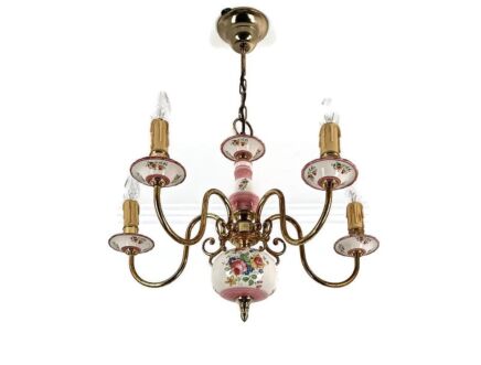 Vintage Chandelier Porcelain Italy Italian fixture flower pattern pink 5 lights 