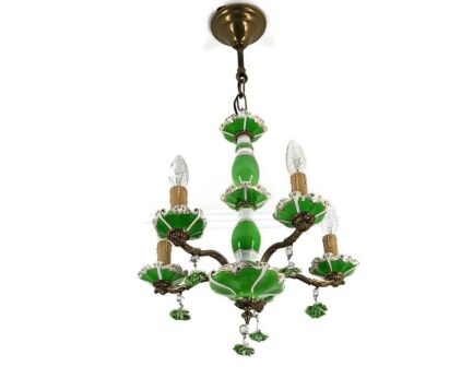 Chandelier Green Bobeches porcelain Flowers 5 lights vintage magnificent very rare fixture