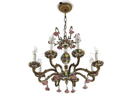 XL chandelier Porcelain Flowers Polychrome Brass Italy 8 lights arm gorgeous vintage 