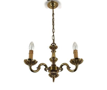 Small brass ornate chandelier fixture vitage 3 lights arm Hollywood regency style