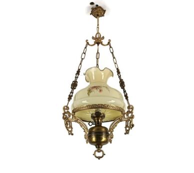 Antique Chandelier Pendant Lampe belge Cupid Putti Figurines Opaline Glass brass 1 light