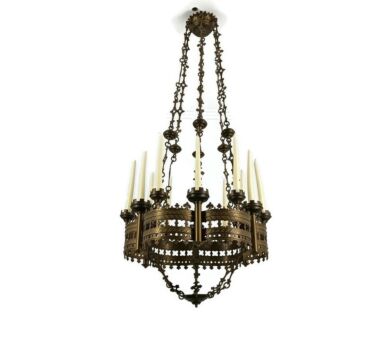 Antique Gothic Chandelier Bronze XL 19th century 12 candles not electrified very rare