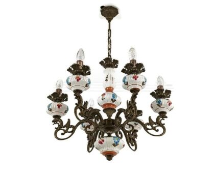 Chandelier Pottery Faience Porcelain Fixture Dragons 6 lights arm vintage handpainted Italy