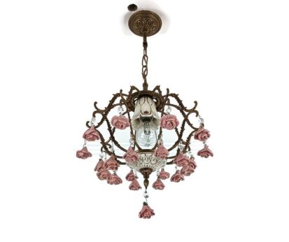Small Chandelier white porcelain pink small flowers brass 1 light romantic vintage