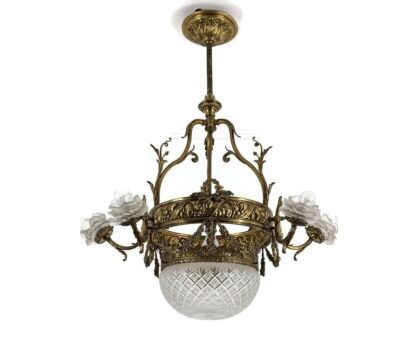 Art Deco Art Nouveau Chandelier brass  Ornate flower shades Etched glass 7 lights WOW