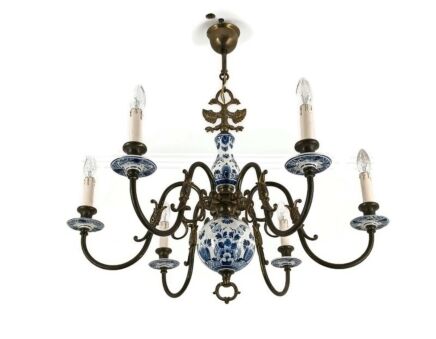 Delft Blue white Porcelain Brass Chandelier 6 arm Fixture Barn Farmhouse style  Hand painted vtg