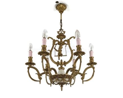 Brass Chandelier Marble Cupid Putti on swing 6 lights arm vintage very rare 