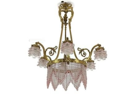 Bohemian chic Bronze Dore Brass Chandelier spaghetti prisms flower shades 6 lights french