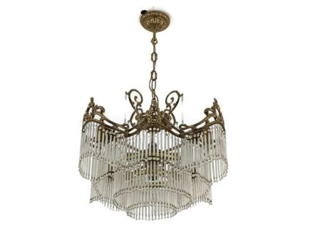 Gorgeous Chandelier Art Glass beads prisms ornate brass 9 lights fixture vintage