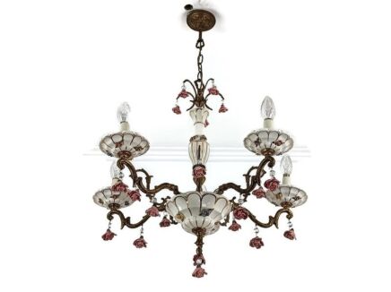 Italian Porcelain brass chandelier white Pink small flowers 6 lights arm vintage 