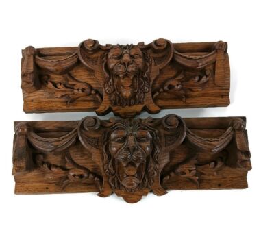 Pair Antique Hand Carved  Lions  Wood Reclaimed Corbels Architectural Finial Salvaged 
