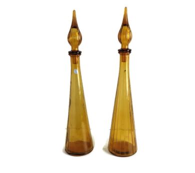 Pair Vintage Art Glass Amber Brown Empoli Bottles Italian Decorative Retro 