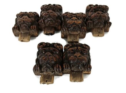 set of 6 small mini lion heads carved wood antique reclaimed salvaged architectural