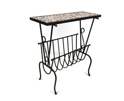 Vintage Mid Century Modern Magazine Newspaper Basket Rack Side Table Ceramic Tiles  mosaic wrought iron legs