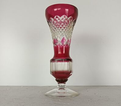 Val St Lambert Marked small etched glass crystal clear red  vase vintage cranberry Belgium