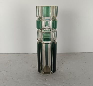 Val St Lambert Marked  etched glass crystal clear green  vase vintage  Belgium 