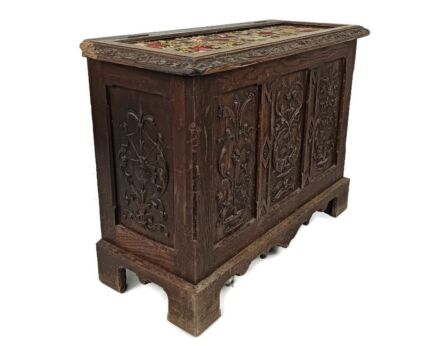antique 19th century ornate carved wooden Box chest Trunk tapestry stunning WOW