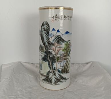 Cylinder Vase Chinese Brush pot Hat stand hand painted antique landscape Marked 