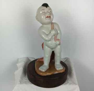 Chinese porcelain statue boy with fish Fisher boy vintage wooden base