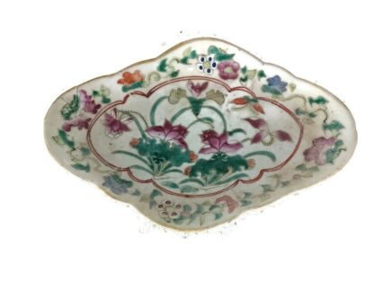 antique Small Diamond shaped Dish Nyonya Peranakan Chinese Pedestal polychrome