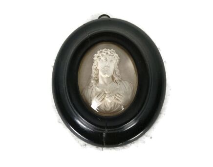 Mini Meerschaum Antique Oval Ornate Wooden Frame Convex Glass Dome Jesus Christ