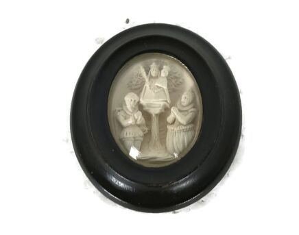 antique mini small wall hanging meerschaum Our Lady of Montaigu framed convex glass collector