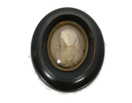 antique Oval Virgin Mary Holy Heart Meerschaum mini small wall hanging framed wood