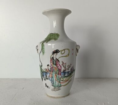 small Chinese ladies vase hand painted calligraphy vintage 