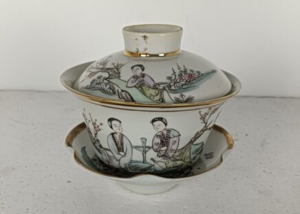Teacup lidded with saucer Chinese Antique hand painted ladies