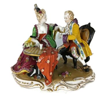 Statue Figurine Marked Porcelain Couple having a drink vintage 