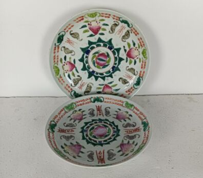 two Chinese antique plates hand painted Qing gorgeous pattern 1900s 