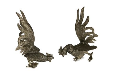 Couple Fighting Rooster Cocks silver colored metal  Mid Century Modern 