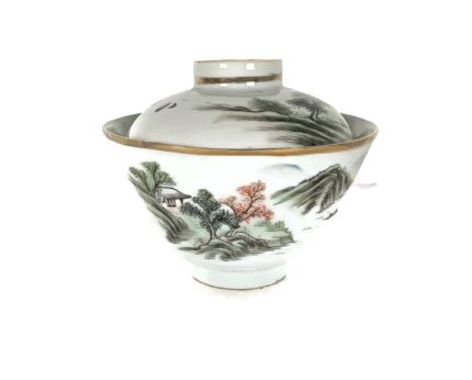 Antique, Late 19th, Early 20th Century Chinese  lidded soup rice bowl calligraphy landscape