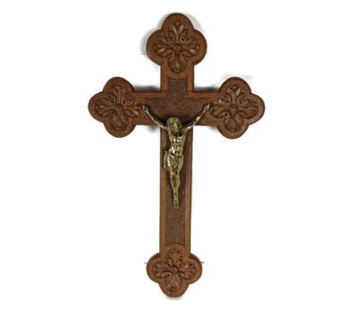 Large  Ornate Hand Carved Wooden hanging Crucifix Cross Brass Corpus Vintage