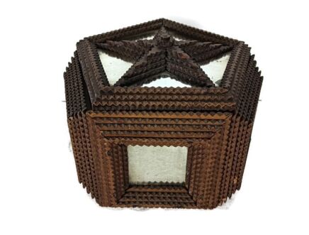 antique treasure jewelry box hand made folk art artisan wood with mirrors star pattern