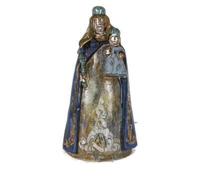 Gorgeous terracotta Glazed Polychrome statue figurine Virgin Mary with Infant Jesus antique