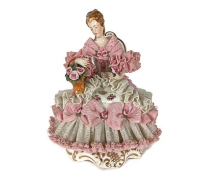 gorgeous little figurine  Germany Marked Dresden lace Wilhelm Rittirsch lady in pink porcelain