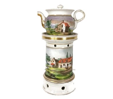 Antique  Porcelain Teapot Veilleuse Tea Warmer Nightlight Marked D.F. hand painted 