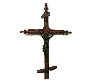 Magnificent antique Large Wooden Crucifix Hanging Cross Brass Corpus very special 