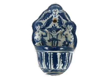 lovely vintage blue white wall hanging Vessel Holy water font angels crucifixion