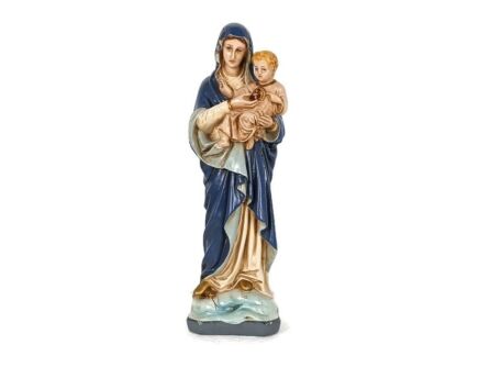 Antique neo Gothic statue Our Virgin Mary Infant Jesusthreading on snake polychrome plaster