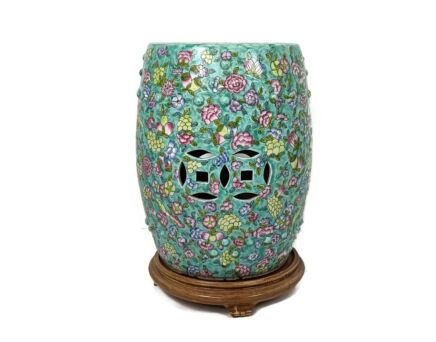 Chinese family Rose porcelain green vintage garden stool seat on wooden base gorgeous 