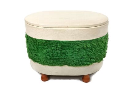 Vintage Retro Sewing Box Basket Worker green fabric white plastic Quilting Knitting Storage Funky