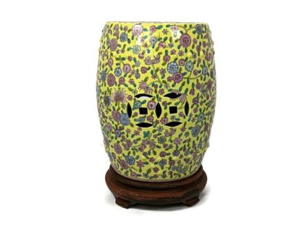 Chinese family Rose porcelain yellow vintage garden stool seat on wooden base gorgeous 