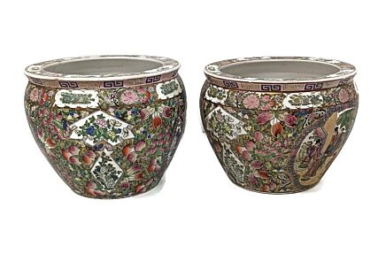 Couple  Vintage Chinese Porcelain Enamel Koi Fish Bowl Planters Vases Cachepots family Rose