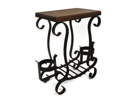 Vintage Wrought Cast Iron Wine Rack Bottle holder side table Wooden top Farmhouse style
