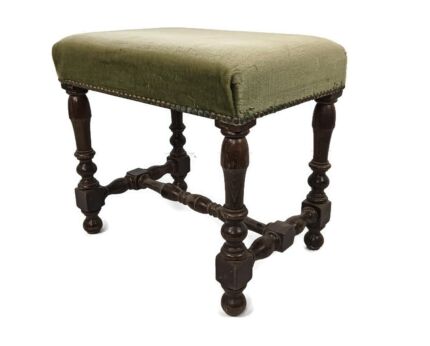 Footstool Ottoman Wooden Legs Green fabric Hobnails Mid Century modernist Vintage  